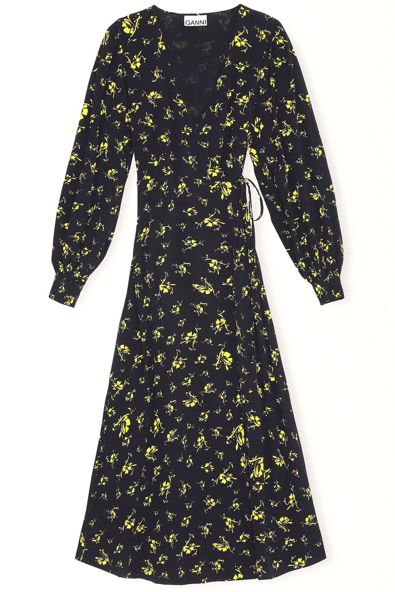 Ganni Printed Crepe Wrap Dress in Black Multi – Hampden Clothing